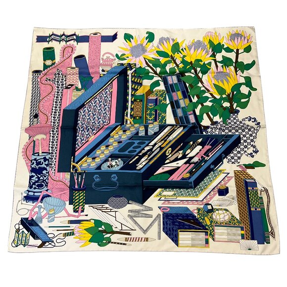 Hermes Ivory / Blue / Pink Multi Les Tresors d'Un Artiste Square Silk Twill Scar - Picture 4 of 10